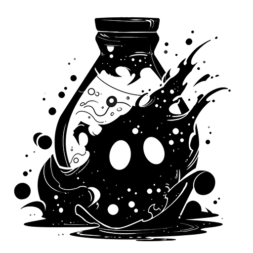 a logo design of a chaotic bottle of ink where the ink is turning into random creatures, black and white, minimialist, fun, logo, design, vector design