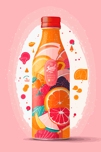 a colorful 2D vector label , flavor strawberry-orange-marshmallow soda, targeting teenagers, illustrations of Orange and strawberry, abstract and colorful shapes. Incorporate bubbles desing to emphasize the drink's bubbly texture.