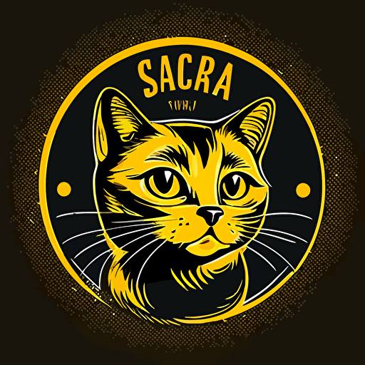 cat pet shop logo, golden cat, big round eyes, has a name tag, lovely cute cat, cirble background, vector art style, cartoon art atyle