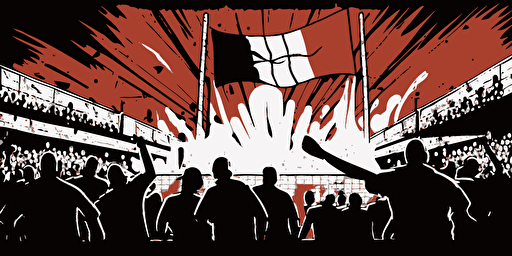 Shooting scene in front of the goalpost at a football stadium where the crowd cheers, Red Black and white, Vector and oil paint poster art,