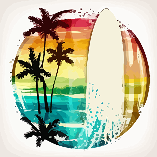 colorful vector beach style surfboard stuck in a beach next to palm trees and waves of water in a circle on white background