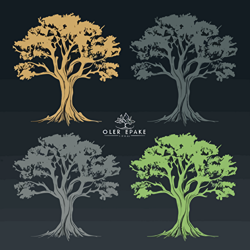 five color logo of an oak tree, side by side, it has to be asymmetric, simple, elegant, green color palette, on a dark gray #444654 background, design is vector style,