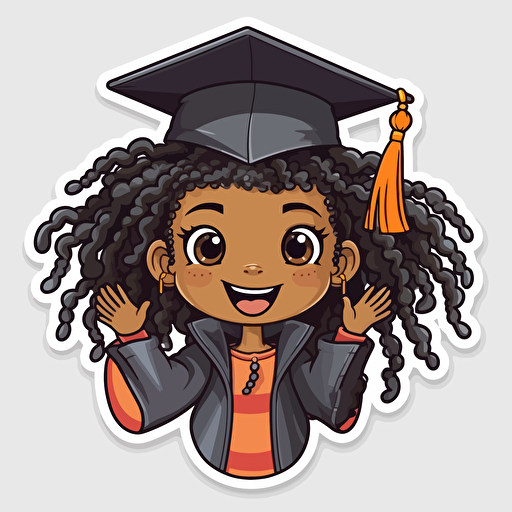 happy black girl, dreadlocks, graduation cap, vector art, sticker style, kawaii style