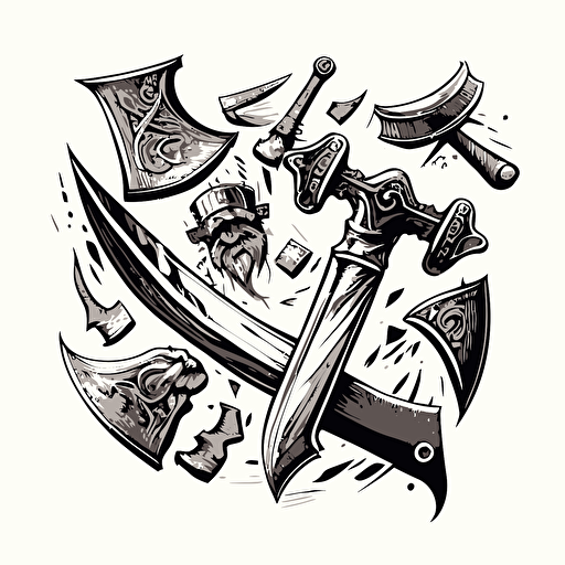 battle axes, ink drawing, white background, vector art