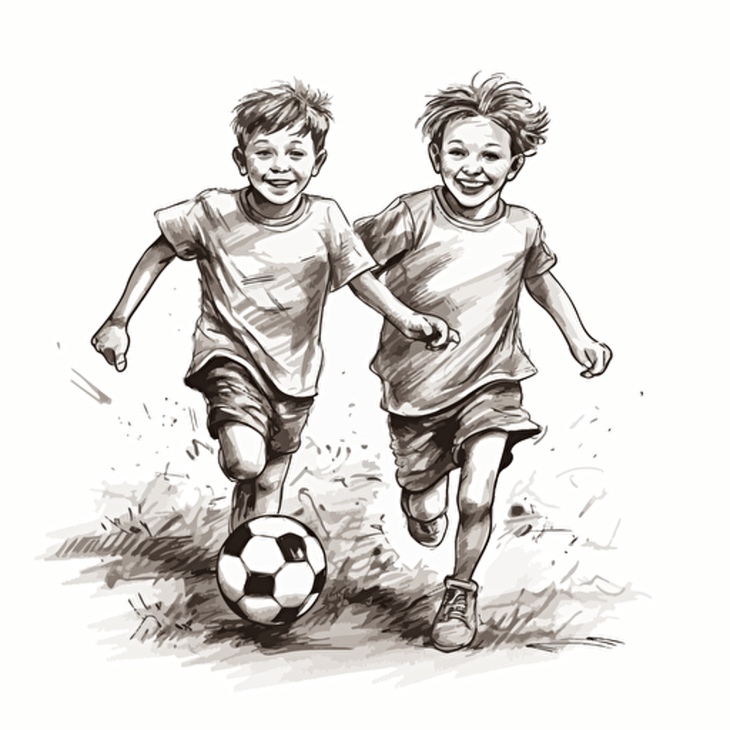 Vector illustration black ink drawing of two handsome, happy 9 years old boys playing soccer with white background