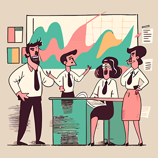 4 office workers standing and arguing in front of whiteboard, charts on the whiteboard, concept art, vector art,
