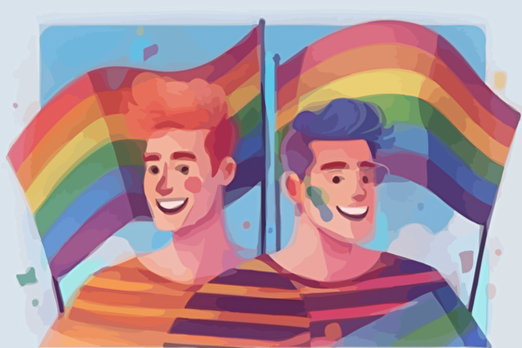 two happy gays with lgbt flags on gay parade, flat vector grphic 2d