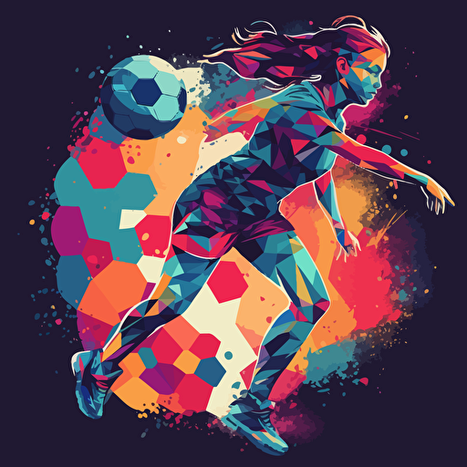 Abstract vector illustration female Soccer player running and kicking a soccer ball, side view, vivid colors.