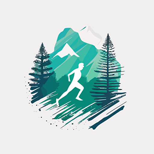 minimalist vector logo style pepole running in front of mountain pines blue and green