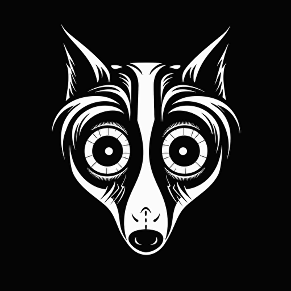 Eyes Closed Wolf, Banksy style, black background, large closed shapes, fantasy roboter, white space to fill, abstract, artistic, pen outline, white background, very simple, full field of view, centre, minimalistic logo vector art , simple flat vector logo