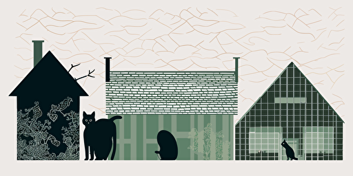a vector of three buildings lined up with wood shingles and a black cat illustration, in the style of dark green and light green, nobuyoshi araki, distillation of forms, glazed earthenware, industrial and product design, rough-edged 2d animation, organic patterns