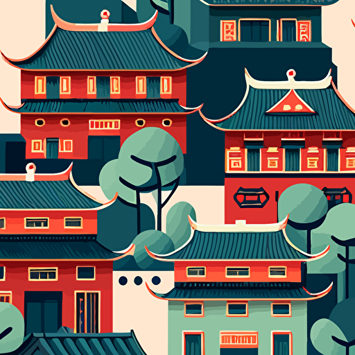 flat vector art, repeating tile of taiwanese buildings