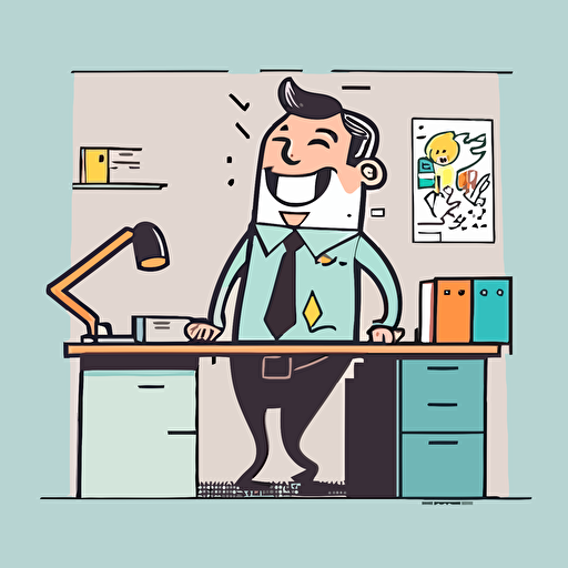 happy ceo standing at desk, simple, clean design, illustration, colorful, vector