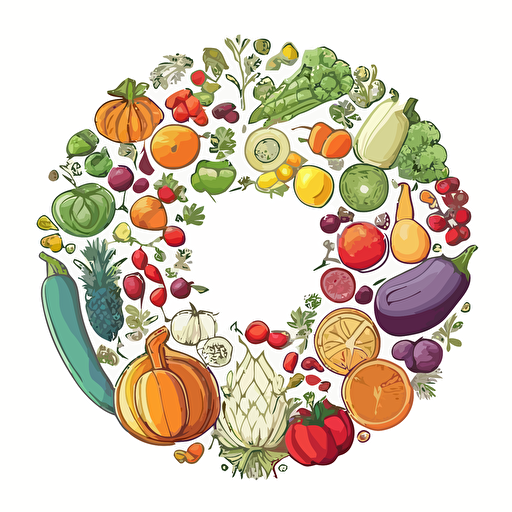 bright colored fruits and vegetables in a circle in doodle style. Vector drawing on a white background