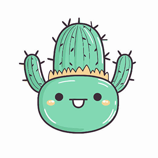 sticker, cute and happy, chubby saguaro cactus with crown on head, kawaii, vector, contour, white background