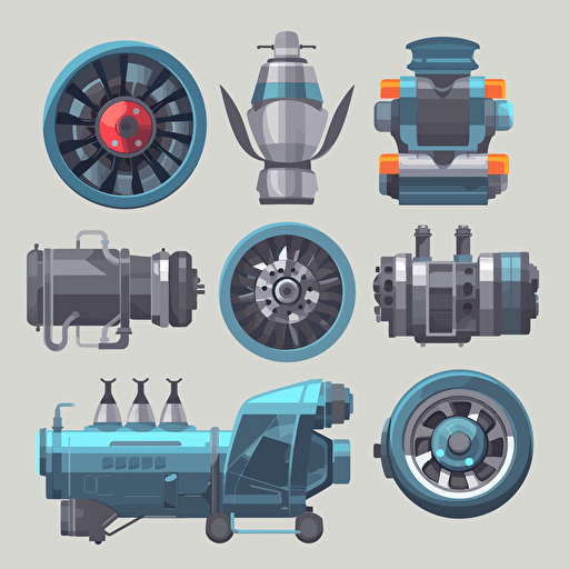2d flat Jet engine parts for 2d game, vector, game assets, for kids, true 2d, kid illustration, simple, front view, side view, flat, flat,flat