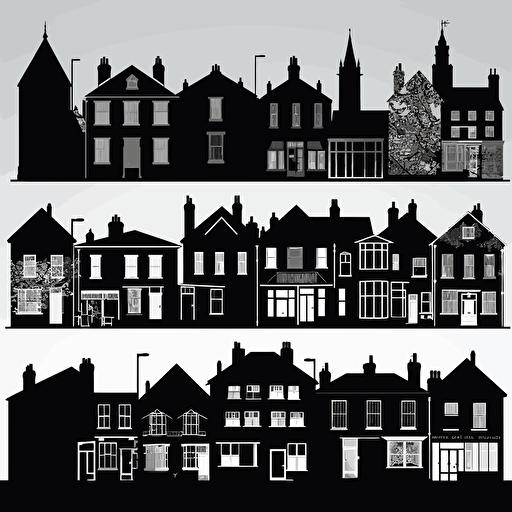 totally flat 2D vector-style silhouettes of wellngborough UK house styles, single colour, black and white only