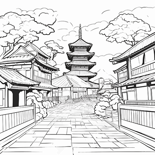 Landscape. Japanese Style City. Wooden Architecture. No Shadow. Cartoon. Coloring page. Vector. Simple.