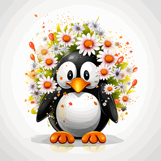 lucky penguin, flowers, detailed, cartoon style, 2d clipart vector, creative and imaginative, hd, white background