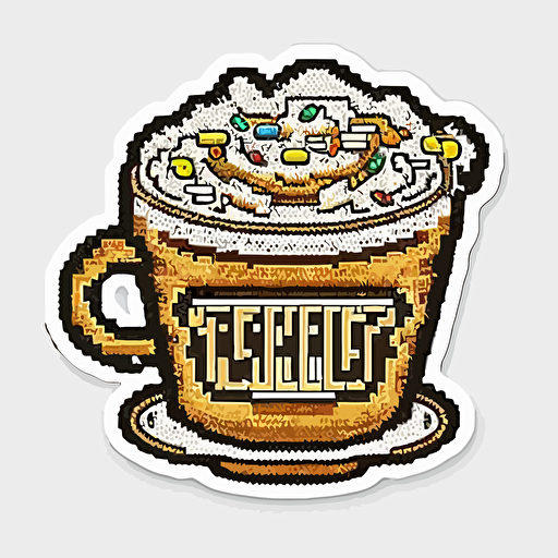Cappuccino , Sticker, Happy, Neon, Pixel Art, Contour, Vector, White Background, Detailed