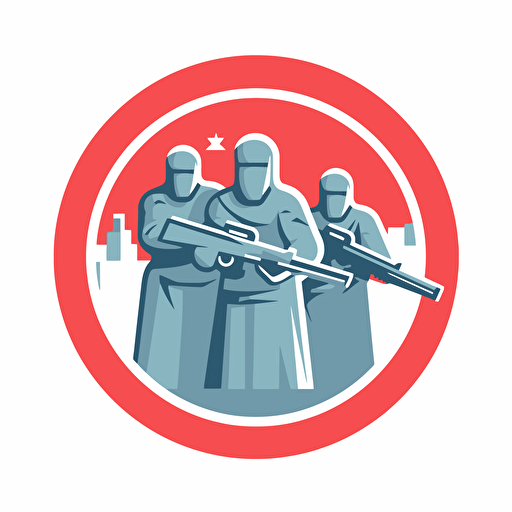 2d vector icon. crusaders with kalashnikov assault rifles searching for glory. arsenal fc logo color theme. minimalistic. simple. circle shape. white background.