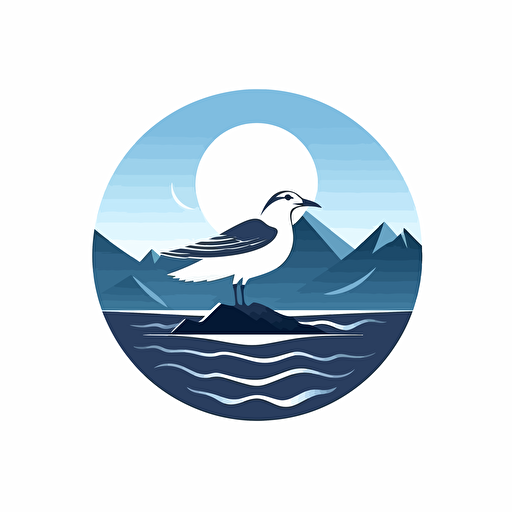 minimalistic, vector logo, azure and white color, silhouette of a seagull in the form of a tick, mountains on the background, waves of the sea, in the center of the logo a place for the text 16:9