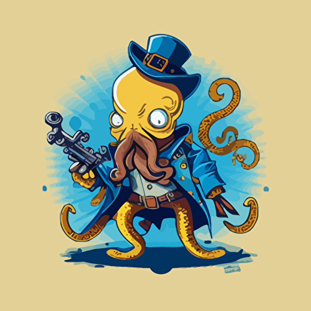 vector illustration, octopus holding a rifle, wearing indiana Jones style clothes, blue, yellow, white, color scheme