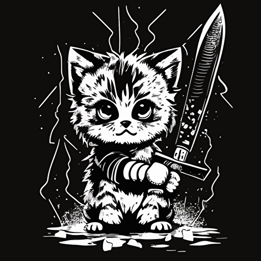 black and white vector illustration of cute cat. 80s style slasher theme