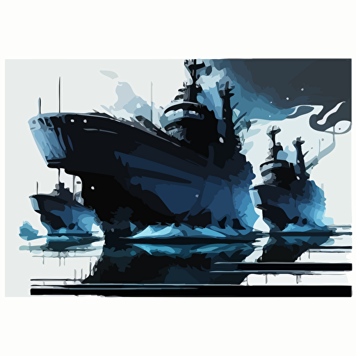 Medium sized futuristic vessels departing from the port., Blue Black and white, Vector and oil paint poster art,