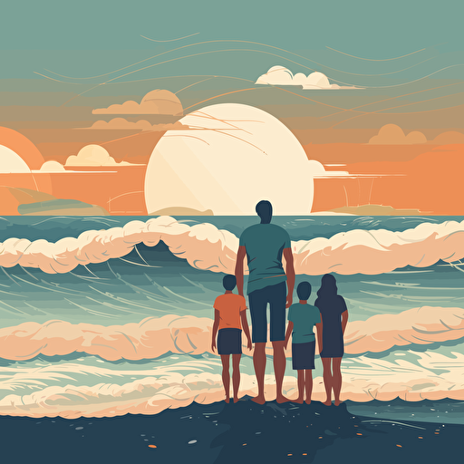 A family with three children at the beach watching the ocean waves, a teen boy, a child girl, vector illustration