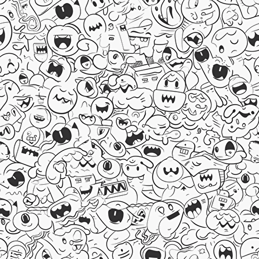 a seamless pattern of funny emojis cartoon, white background, black outline, vector art,