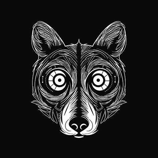 Wolf eyes closed, Banksy style, black background, large closed shapes, fantasy roboter, white space to fill, abstract, artistic, pen outline, white background, very simple, full field of view, centre, minimalistic logo vector art , simple flat vector logo