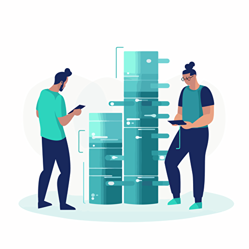 a data engineer questioning, a maintenance guy and a manager, front look, agile, minimalistic, vector, look down at data pipeline