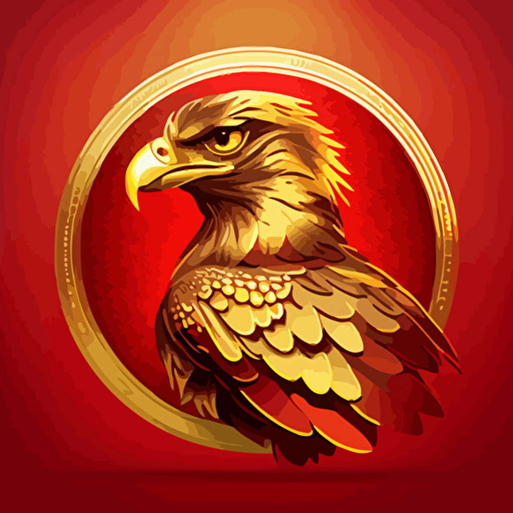 a vector image sticker logo of a gold falcon on a bright red background