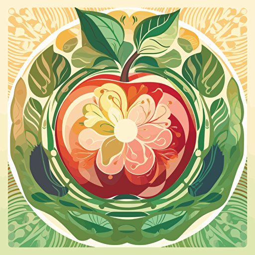 sliced apple illustration with framed botanical ornaments simplified illustration with a shinning sun using the illustrator illustration styles, vectorized, moder pantone colorful pallet