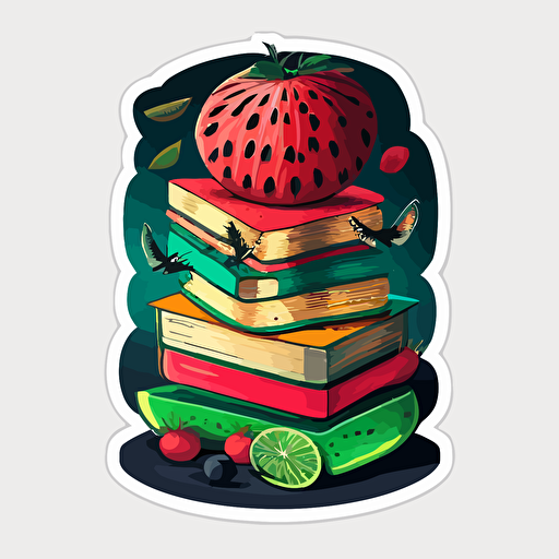 Sticker art, vector art, a stack of books with an watermelon on top