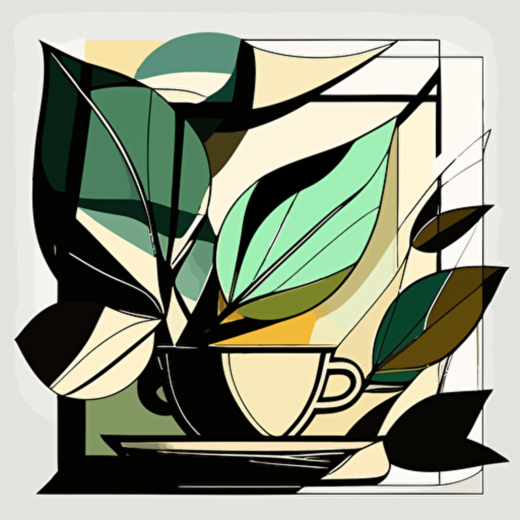 abstract vector art of green leaves, cup of tea, botanica, cubist style, 2d, black outline