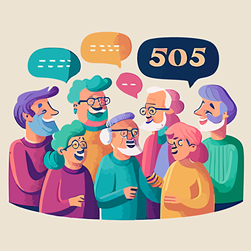 group of 50 years old people building a community project, talking, smiling, pastel colours, vector illustration style