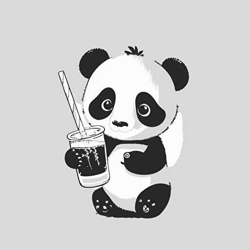 black and white cartoon illustration of a cute panda holding a drink in both hands, sipping out the straw, happy expression, vector,
