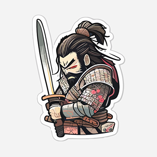 Samurai, Sticker, Cute, Pastel, Digital Art, Contour, Vector, White Background, Detailed