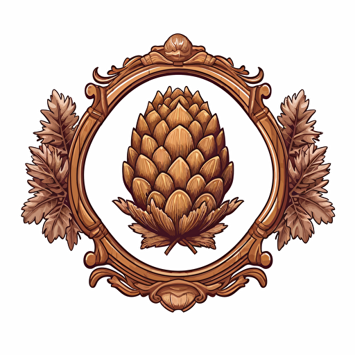Vector cartoon wooden carved sign FRAME crest of a pine cone white background