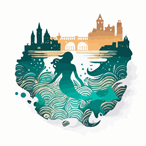 mermaid swimming through the bad part of a city , vector logo, vector art, emblem, simple cartoon, 2d, no text, white background
