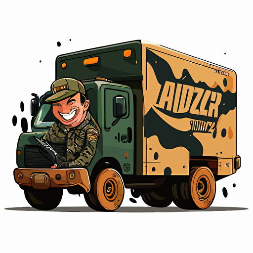 amazon delivery truck but the driver is special forces assaulter, cartoon, vector drawing, colors