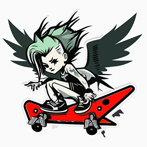 punk rock fairy riding a skateboard, vector logo, vector art, emblem, simple cartoon, 2d, no text, white background