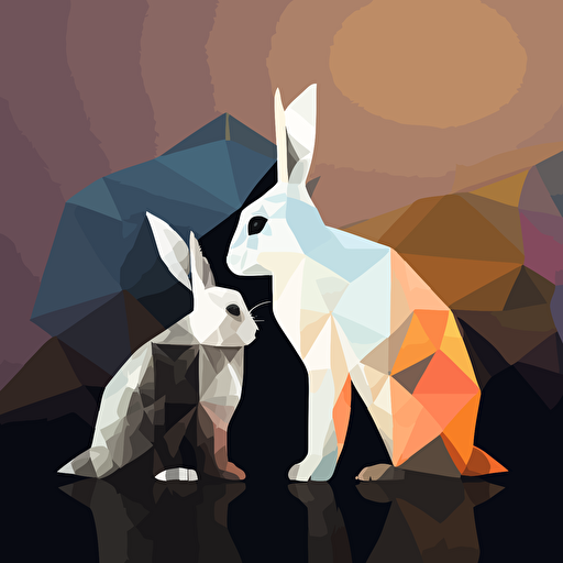 a true friendship: white rabbit and a black and white racconn, vector, low polygon, symmetric, colorful, florest in the background