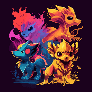 Vector art endearing and nostalgic, and the bright, saturated color, battle monsters fire type puppy dog monster with two evolved forms