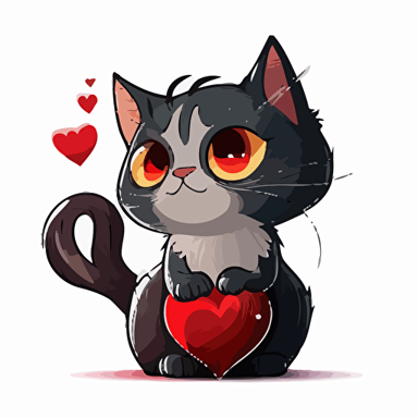 Disney Style 2d vector illustration of adorable, valentine cat holding heart white background