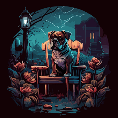 Create a detailed avatar of a boxer dog mascot sitting in a chair facing the foregorund, surrounded by magical glowing plants shrubs and roses, with a view of a abandoned city in the background, set from vacant woods in the foreground, trees, dead roses, clouds, broken carnival rides in the distance. Incorporate a gloomy and dreadful vibe to evoke a sense of eerieness and wonder. Use a digital painting style reminiscent of Thomas Kinkade and James Gurneya illustration, drawing, flat illustration, vector style