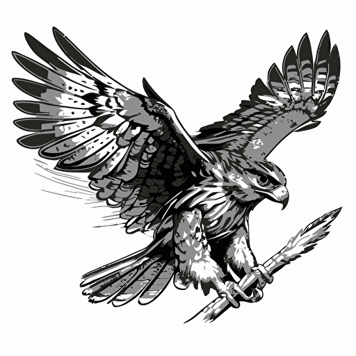 black and white vector art, flying hawk with tomahawk