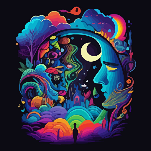 As you woke up, you are in a different world, surrounded by colors, shapes. The overall feeling is good and happy, but a bit trippy. It should be a vector design